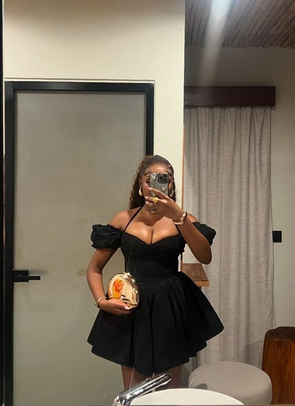 Elegant Halterneck Black Satin A-line Off-the-shoulder Birthday Dress Homecoming Dress P3779