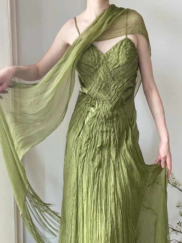 Flowy Green Strapless Pleated Satin Chiffon Long Prom Dress P3785