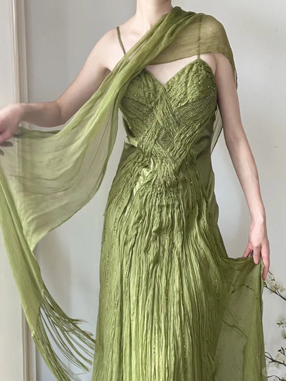 Flowy Green Strapless Pleated Satin Chiffon Long Prom Dress P3785