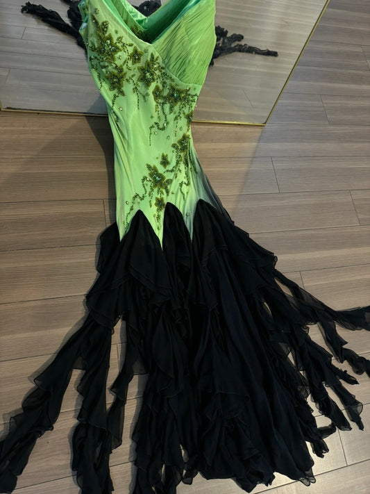 Vintage Green Beaded V Neck Jellyfish Skirt Long Prom Dress P3787