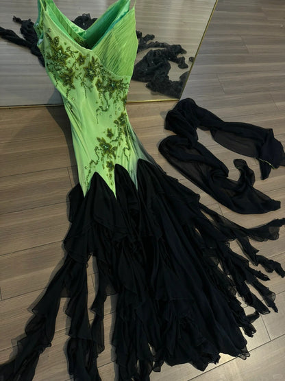 Vintage Green Beaded V Neck Jellyfish Skirt Long Prom Dress P3787