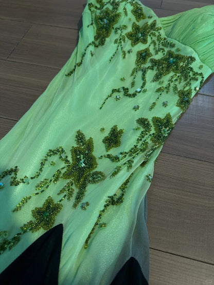 Vintage Green Beaded V Neck Jellyfish Skirt Long Prom Dress P3787