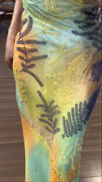 Vintage Strapless Oil Painting Beaded Chiffon Long Prom Dress P3790