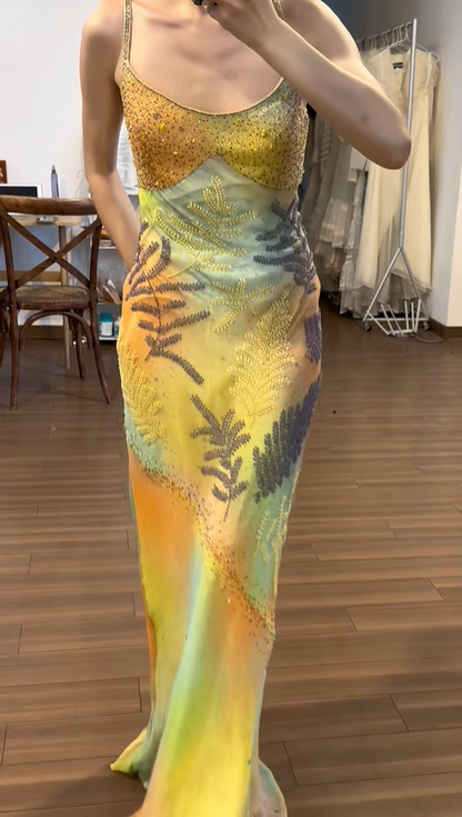 Vintage Strapless Oil Painting Beaded Chiffon Long Prom Dress P3790