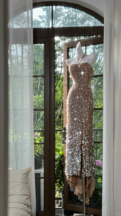 Shiny Halterneck Large Sequined Slit Mermaid Prom Dress P3796
