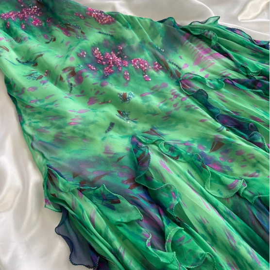 Stunning Green Double-layered Flying Sleeves And Swaying Neck Chiffon Prom Dress P3801