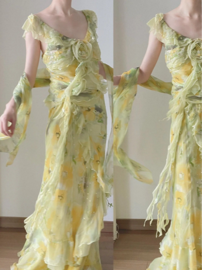 Light Yellow And Green V-neck Ruffled Chiffon Prom Dress P3803