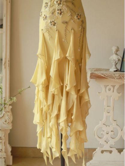Flowy Strapless Yellow Beaded Jellyfish Skirt Chiffon Prom Dress P3804