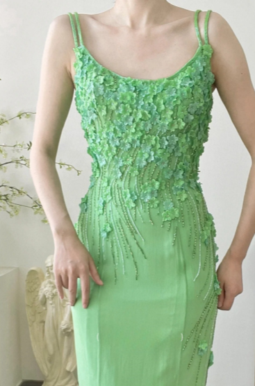 Stunning Green Strappy Flower Beaded Mermaid Chiffon Prom Dress P3805