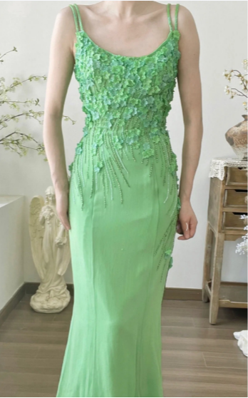 Stunning Green Strappy Flower Beaded Mermaid Chiffon Prom Dress P3805