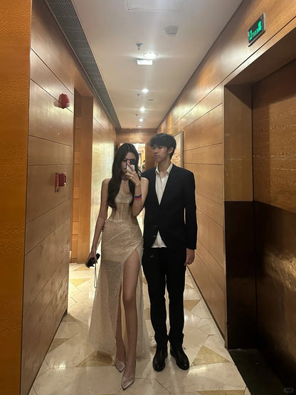 Elegant Strapless Herringbone Shiny High Slit Long Prom Dress P3807