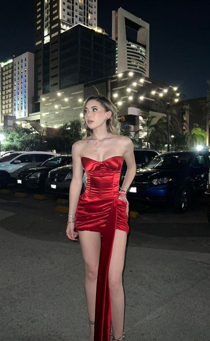 Beautiful Tube Top Red Satin Slim Fit Hip 17th Birthday Homecoming Dress P3809