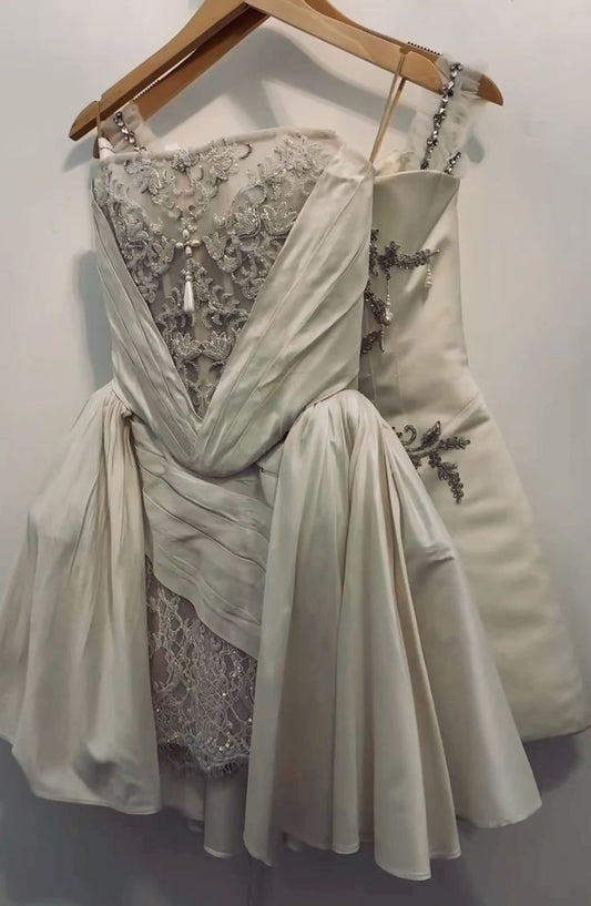 Princess Luxury White Satin Lace A-Line 17th Birthday Homecoming Dress P3813