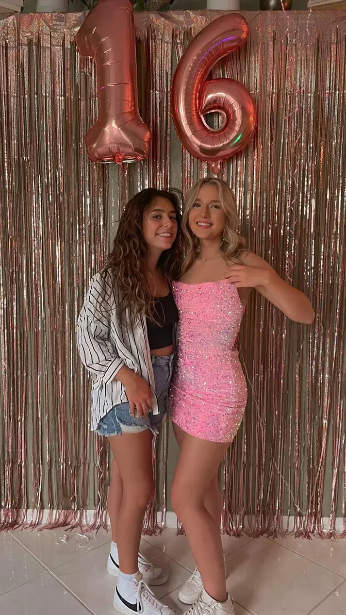 Cute Pink Sequined Tube Top With Back Straps And Hip Wrap 17th Birthday Homecoming Dress P3820