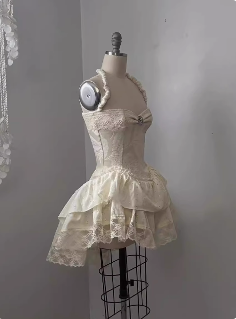 Vintage Jacquard Halter Neck Lace Trim Mini Birthday Skirt Homecoming Dress P3823