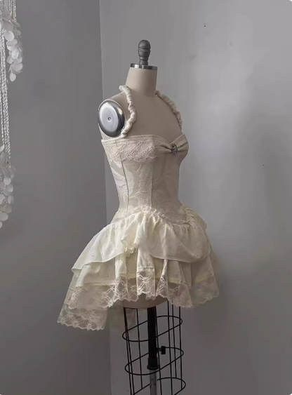 Vintage Jacquard Halter Neck Lace Trim Mini Birthday Skirt Homecoming Dress P3823