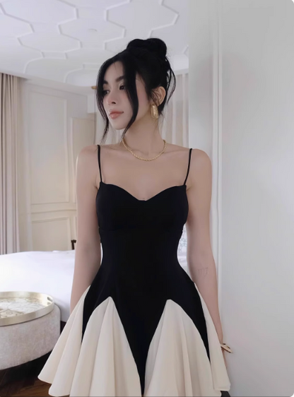 Design Black And White Stitching Suspender Back A-line Birthday Short Skirt Homecoming Dress P3825