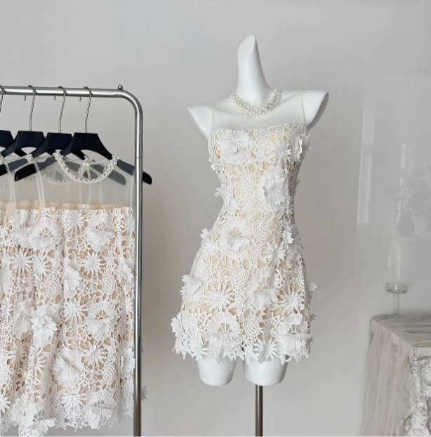 Beautiful Round Neck Mesh Splicing Sleeveless Lace Waist Birthday Skirt Homecoming Dress P3827