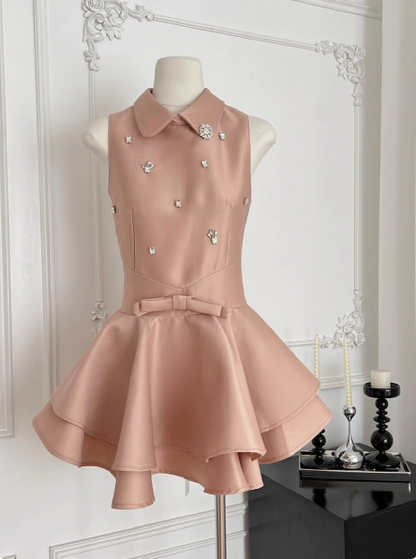Sweet Sleeveless Studded Diamond Polo Neck Slim Fit Puffy Birthday Short Skirt Homecoming Dress P3828