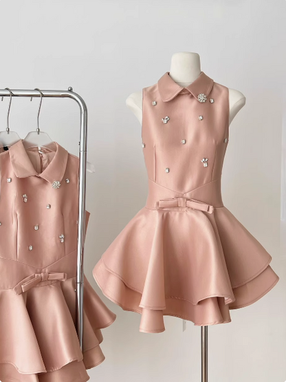 Sweet Sleeveless Studded Diamond Polo Neck Slim Fit Puffy Birthday Short Skirt Homecoming Dress P3828