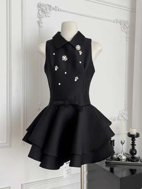 Sweet Sleeveless Studded Diamond Polo Neck Slim Fit Puffy Birthday Short Skirt Homecoming Dress P3828