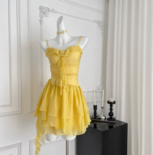 Beautiful Yellow Suspender Flower Irregular Ruffle Chiffon 17th Birthday Short Skirt Homecoming Dress P3830
