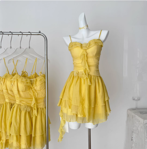 Beautiful Yellow Suspender Flower Irregular Ruffle Chiffon 17th Birthday Short Skirt Homecoming Dress P3830