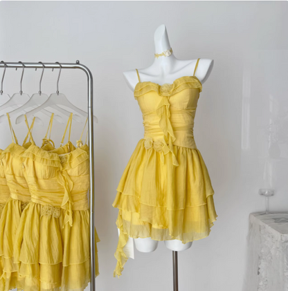 Beautiful Yellow Suspender Flower Irregular Ruffle Chiffon 17th Birthday Short Skirt Homecoming Dress P3830