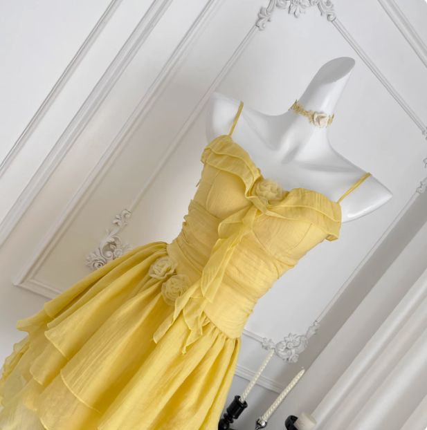 Beautiful Yellow Suspender Flower Irregular Ruffle Chiffon 17th Birthday Short Skirt Homecoming Dress P3830