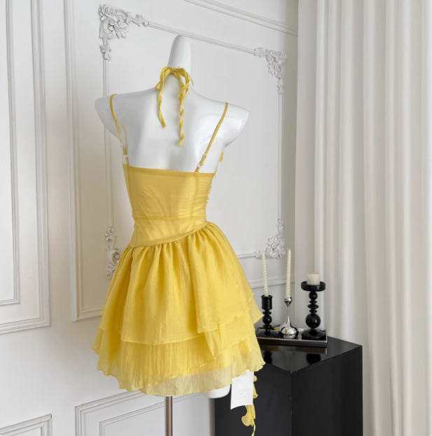 Beautiful Yellow Suspender Flower Irregular Ruffle Chiffon 17th Birthday Short Skirt Homecoming Dress P3830