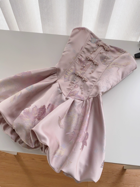 Sweet French Beaded Button Sleeveless Tube Top Jacquard Birthday Short Skirt Homecoming Dress P3831