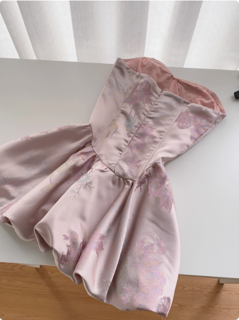 Sweet French Beaded Button Sleeveless Tube Top Jacquard Birthday Short Skirt Homecoming Dress P3831