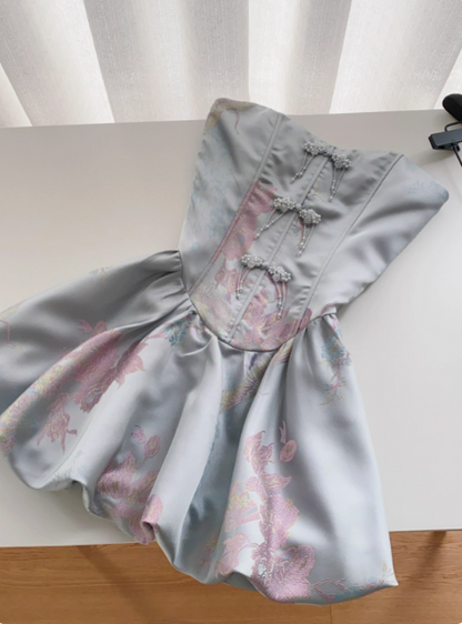 Sweet French Beaded Button Sleeveless Tube Top Jacquard Birthday Short Skirt Homecoming Dress P3831