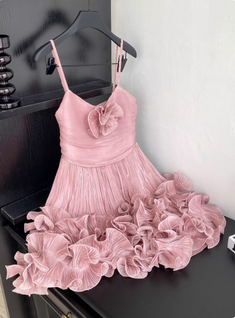 Sweet Suspender Pleated Three-dimensional Flower Ruffle Pink Birthday Skirt Homecoming Dress P3834
