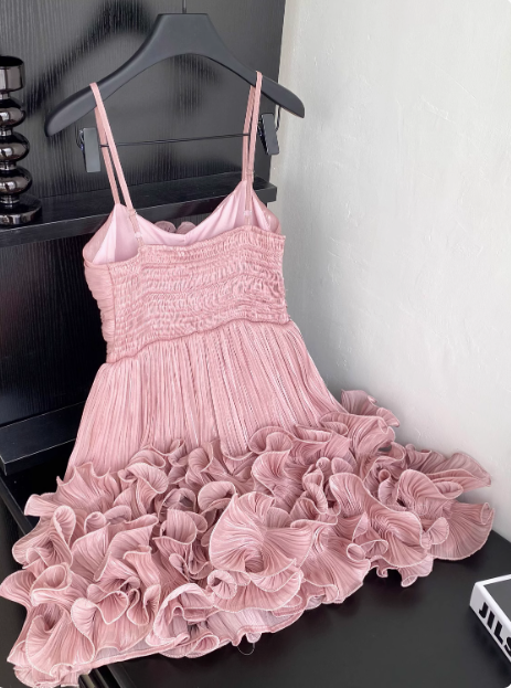 Sweet Suspender Pleated Three-dimensional Flower Ruffle Pink Birthday Skirt Homecoming Dress P3834