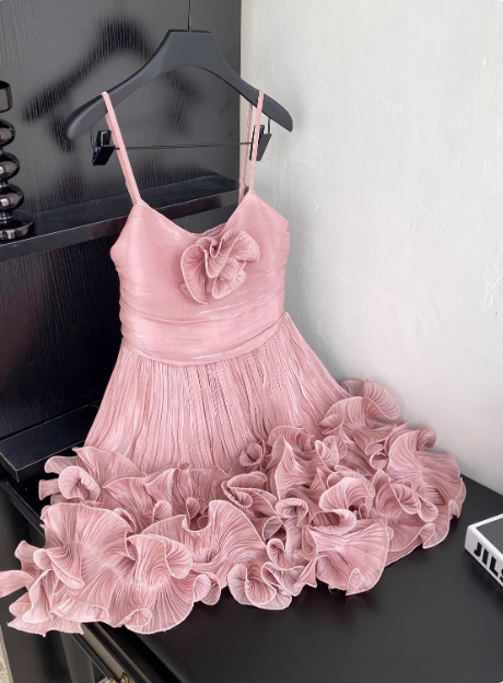 Sweet Suspender Pleated Three-dimensional Flower Ruffle Pink Birthday Skirt Homecoming Dress P3834