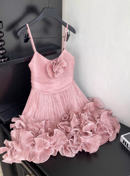 Sweet Suspender Pleated Three-dimensional Flower Ruffle Pink Birthday Skirt Homecoming Dress P3834