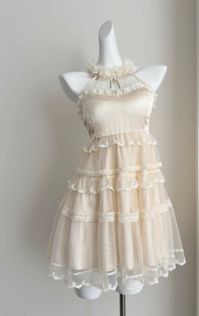 Sweet Three-dimensional Flower Halter Neck Strap Sleeveless Lace Splicing Mesh Cake Birthday Skirt Homecoming Dress P3835