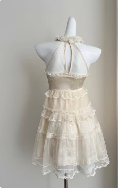 Sweet Three-dimensional Flower Halter Neck Strap Sleeveless Lace Splicing Mesh Cake Birthday Skirt Homecoming Dress P3835