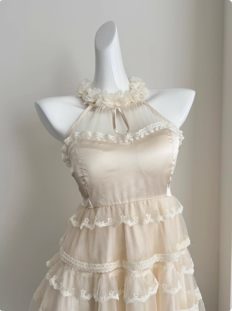 Sweet Three-dimensional Flower Halter Neck Strap Sleeveless Lace Splicing Mesh Cake Birthday Skirt Homecoming Dress P3835