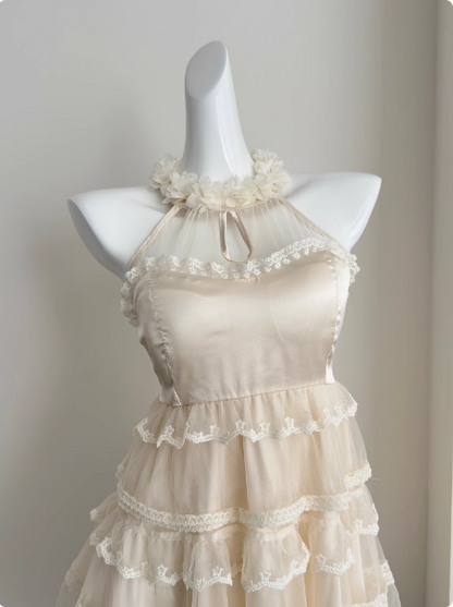 Sweet Three-dimensional Flower Halter Neck Strap Sleeveless Lace Splicing Mesh Cake Birthday Skirt Homecoming Dress P3835