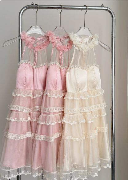 Sweet Three-dimensional Flower Halter Neck Strap Sleeveless Lace Splicing Mesh Cake Birthday Skirt Homecoming Dress P3835