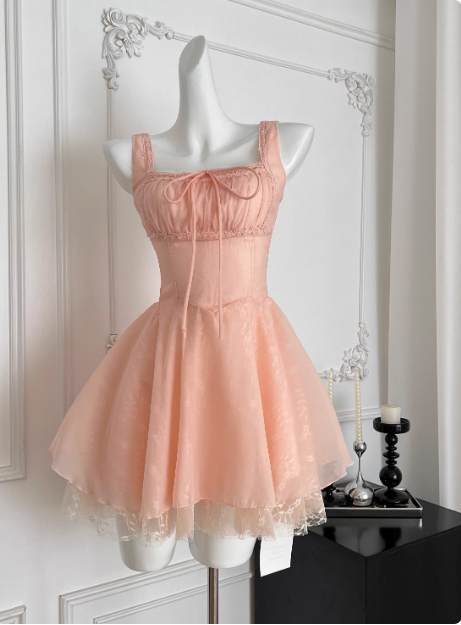 Sweet Suspender Square Neck Tie Mesh Puffy Birthday Skirt Homecoming Dress P3838