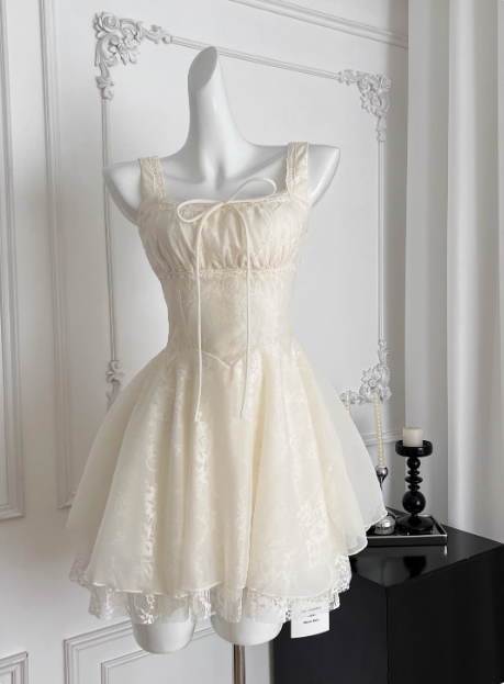 Sweet Suspender Square Neck Tie Mesh Puffy Birthday Skirt Homecoming Dress P3838