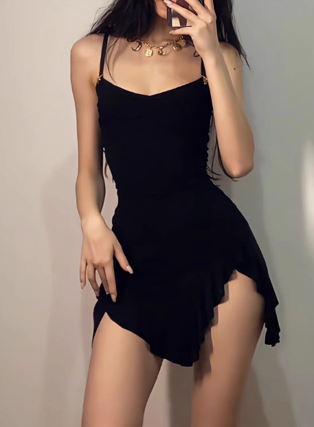 Irregular Slit Black Sling Waist Hip Birthday Short Skirt Homecoming Dress P3843