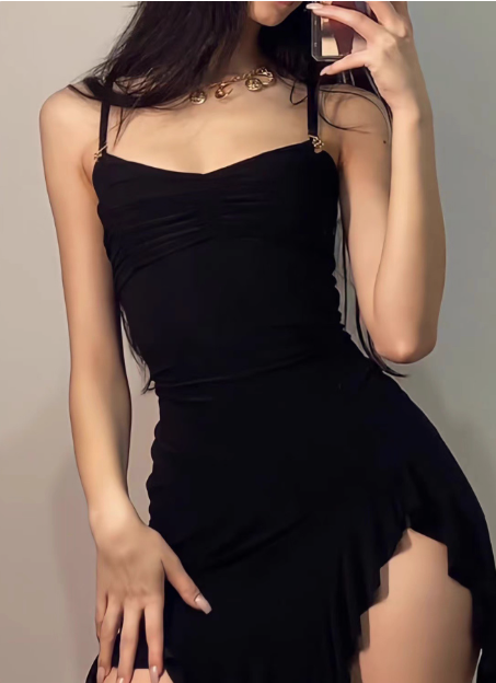 Irregular Slit Black Sling Waist Hip Birthday Short Skirt Homecoming Dress P3843