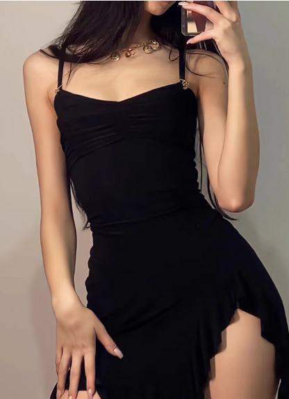 Irregular Slit Black Sling Waist Hip Birthday Short Skirt Homecoming Dress P3843