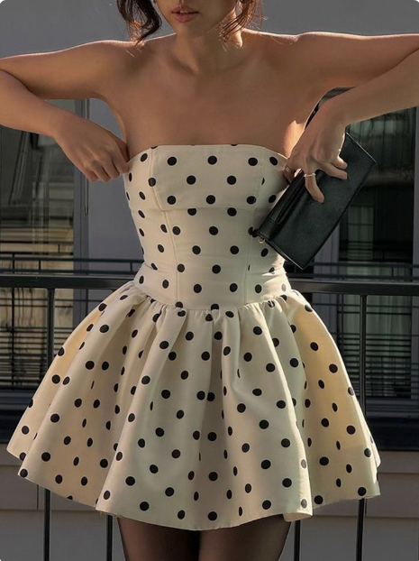 French Backless Bow Polka Dot Tube Top A-line Birthday Skirt Homecoming Dress P3850