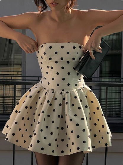French Backless Bow Polka Dot Tube Top A-line Birthday Skirt Homecoming Dress P3850