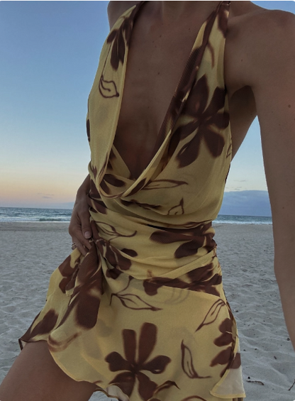 Sexy Swing Neck Halter Print Irregular Backless Birthday Short Skirt Homecoming Dress P3851